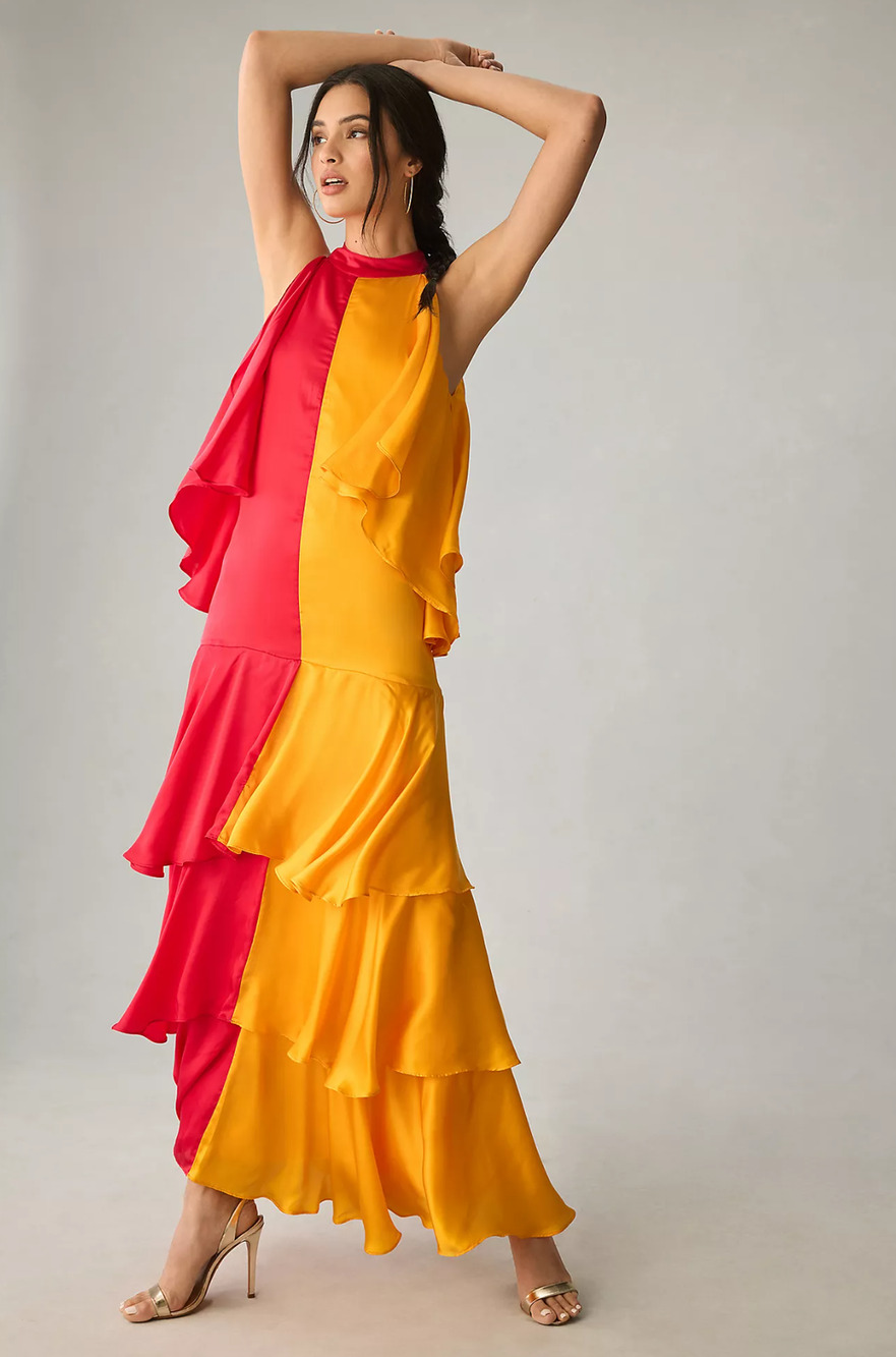 NWT Shruti Sancheti Mock-Neck Colorblock Ruffle Dress - Medium